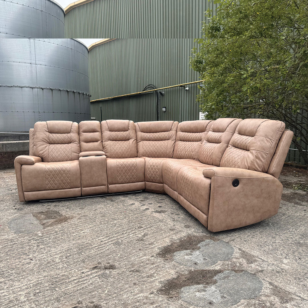 MNS Halifax Leather Electric Recliner Corner Sofa(Black,Beige)-USB Ports/LED LIGHTS/CUP HOLDERS