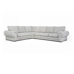Load image into Gallery viewer, A large grey Verona full back corner sofa with soft polyester upholstery, foam-filled cushions, and chrome feet, arranged in a left-hand corner configuration.
